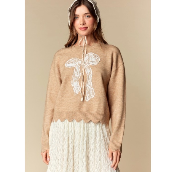 "The Rosina" Beige and Cream Lace Accent Sweater - Picture 2 of 3